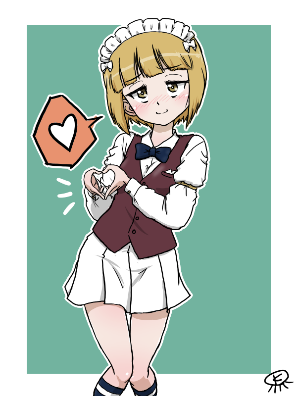 1girl black_ribbon blonde_hair blush brown_vest cutlass_(girls_und_panzer) frilled_headwear girls_und_panzer heart heart_hands horizontal-striped_socks knees_together_feet_apart long_sleeves maid_headdress miniskirt ooarai_naval_school_uniform pleated_skirt ribbon school_uniform serafuku short_hair skirt smile takahashi_kurage vest white_ribbon white_serafuku white_skirt yellow_eyes