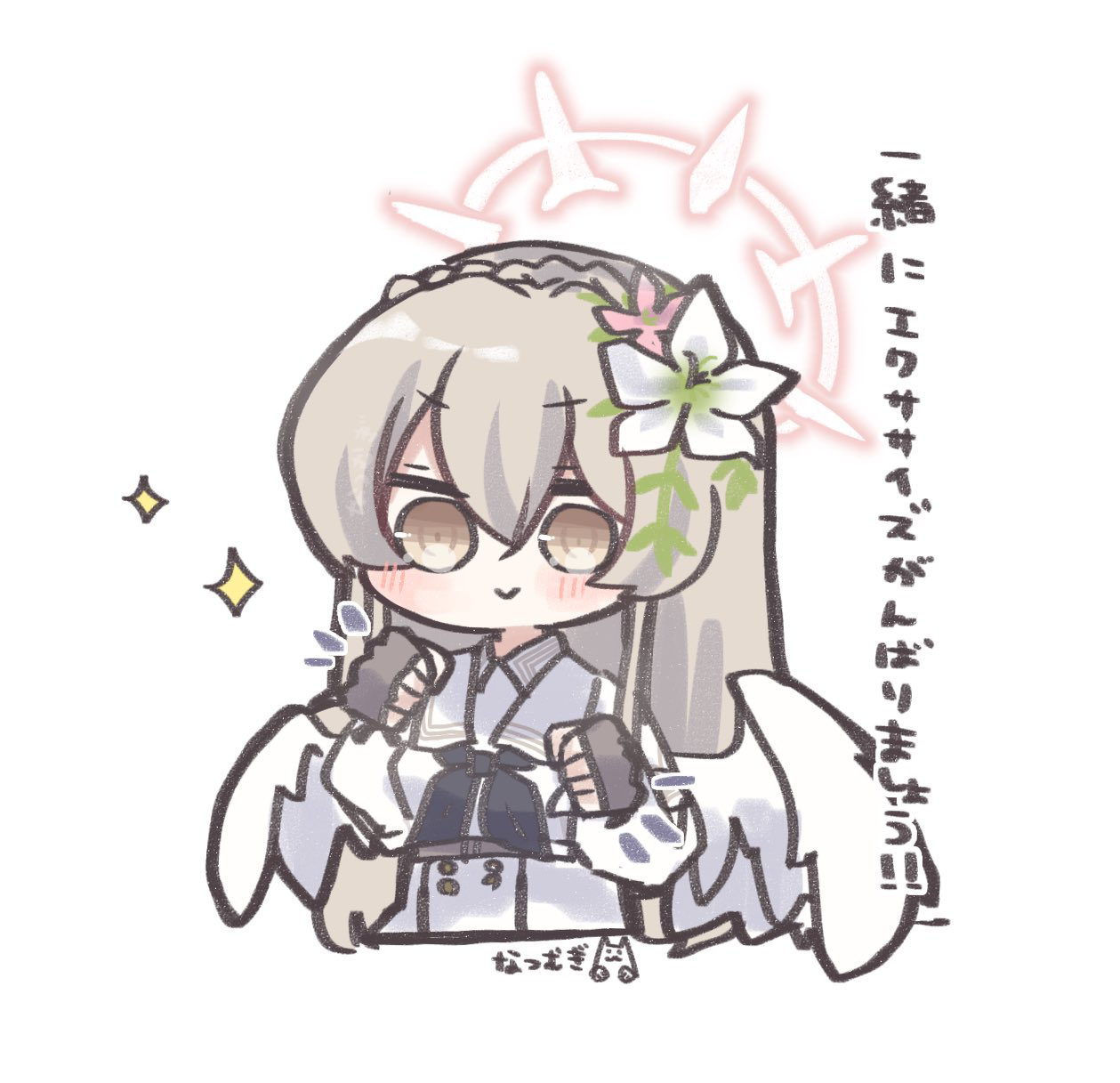 1girl angel_wings artist_name blue_archive blush braid brown_eyes buttons clenched_hands commentary_request crown_braid double-breasted dress emphasis_lines feathered_wings fighting_stance fingerless_gloves flower furrowed_brow gloves hair_flower hair_ornament halo highres light_brown_hair light_smile long_hair nagisa_(blue_archive) natsu_ya_mugi neckerchief no_nose red_halo sailor_dress shrug_(clothing) simple_background solo sparkle translation_request white_background white_dress white_shrug white_wings wings