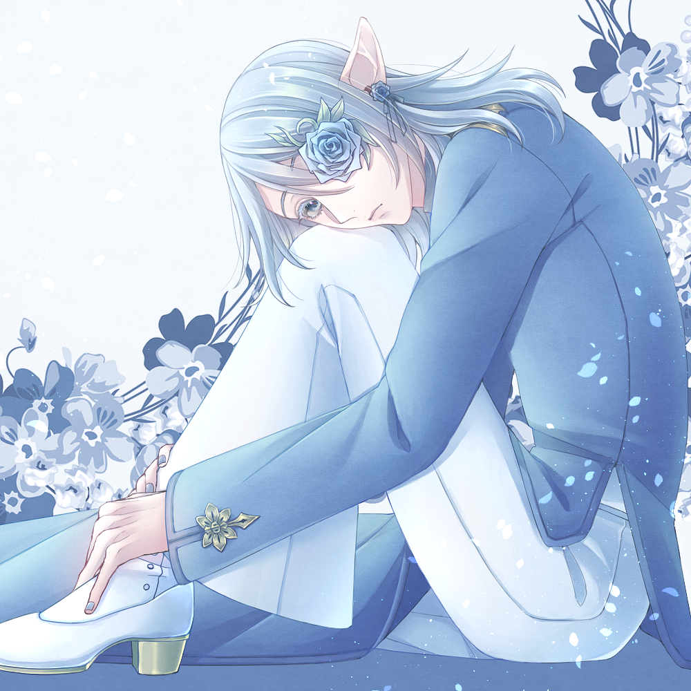 1boy androgynous blue_flower blue_hair blue_nails blue_rose blue_shirt blue_theme colored_eyelashes commentary_request earrings elezen elf final_fantasy final_fantasy_xiv flower flower_earrings flower_over_eye full_body head_on_knee jewelry knee_up kuro11_222 long_hair looking_at_viewer male_focus one_eye_covered pants pointy_ears rose shirt shoes sitting solo warrior_of_light_(ff14) white_background white_pants white_shoes white_theme