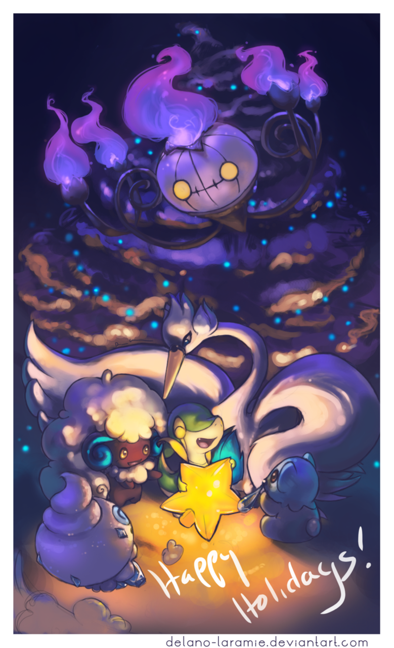 :d ^_^ bear bird border chandelure christmas christmas_tree closed_eyes commentary_request creature cubchoo delano-laramie fang floating full_body gen_5_pokemon happy happy_holidays highres nintendo no_humans open_mouth pokemon pokemon_(creature) sitting smile snivy standing swan swanna vanillite watermark web_address whimsicott white_border yellow_eyes