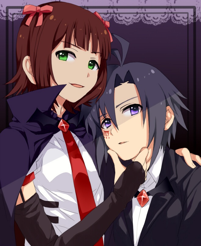 2girls ahoge amami_haruka bad_id bad_pixiv_id black_hair brown_hair cape detached_sleeves fingerless_gloves gloves hair_ribbon hand_on_another&#039;s_face harustein idolmaster idolmaster_(classic) kikuchi_makoto mujin_gattai_kisaragi multiple_girls restaint ribbon tuxedo