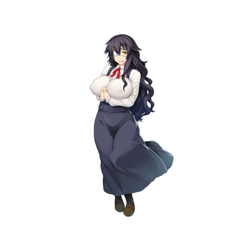 1girl black_hair breasts brown_eyes brown_shoes collar collared_shirt covered_erect_nipples denki_showgun eyepatch full_body huge_breasts large_breasts light_smile loafers long_hair long_skirt looking_at_viewer medical_eyepatch neck_ribbon own_hands_together ribbon school_uniform shirt shoes simple_background skirt smile socks solo standing third-party_edit very_long_hair wavy_hair white_background xxzero