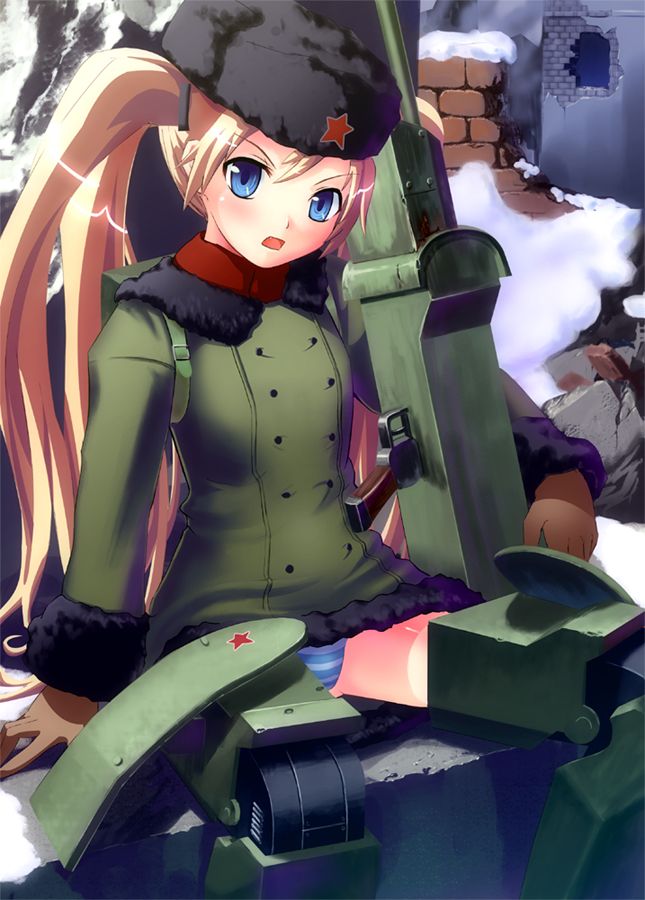 1girl blonde_hair blue_eyes female_focus fur_hat hat kuroba_(f-15c_eagle) long_hair mecha_musume military military_vehicle motor_vehicle original panties russian_text solo soviet striped_clothes striped_panties t-34 t34/76 tank twintails underwear vehicle weapon
