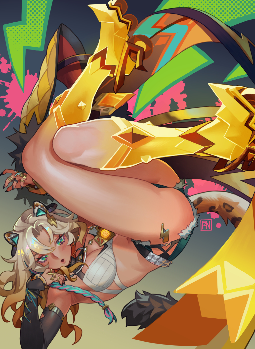 1girl animal_ears black_hair blonde_hair cat_ears commentary denim denim_shorts genshin_impact green_eyes highres jaguar_ears jaguar_girl jaguar_tail poch4n roller_skates shorts skates solo tail xilonen_(genshin_impact)