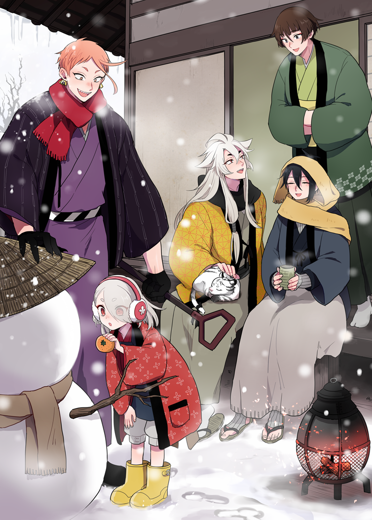 10s 50yen_(gojiue) 5boys ^_^ baby_animal bad_id bad_pixiv_id black_gloves black_hair boots brown_hair closed_eyes cup earmuffs earrings eyes_visible_through_hair food fruit gloves gokotai&#039;s_tigers hair_over_one_eye hanten_(clothes) hat ima-no-tsurugi ishikirimaru iwatooshi japanese_clothes jewelry kogitsunemaru male_focus mikazuki_munechika multiple_boys open_mouth orange_(fruit) orange_eyes orange_hair purple_eyes red_eyes rice_hat rubber_boots sandals scarf sharp_teeth shovel sitting smile snow snowing snowman teeth tiger tiger_cub toeless_legwear touken_ranbu white_hair white_tiger winter worktool yellow_boots yunomi