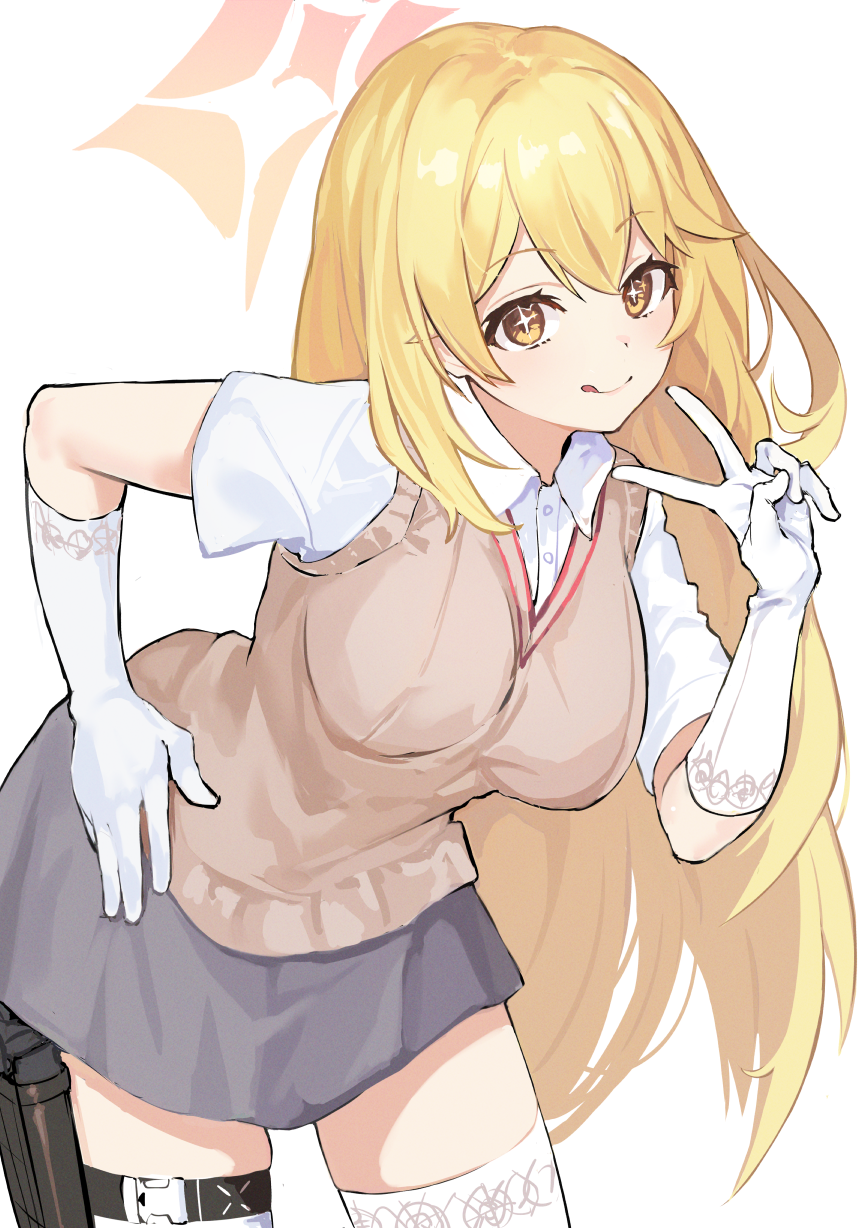 1girl ;) blonde_hair blue_archive blush breasts brown_sweater_vest brown_vest collared_shirt deca_purio elbow_gloves gloves grey_skirt gun halo handgun highres holster large_breasts leaning_forward long_hair looking_at_viewer no_emblem one_eye_closed pink_halo pleated_skirt school_uniform shirt shokuhou_misaki short_sleeves simple_background skirt smile solo sparkling_eyes spider_web_print star-shaped_pupils star_(symbol) star_halo summer_uniform sweater_vest symbol-shaped_pupils thigh_holster thighhighs toaru_kagaku_no_railgun toaru_majutsu_no_index tokiwadai_school_uniform tongue tongue_out v very_long_hair vest weapon white_background white_gloves white_shirt white_thighhighs yellow_eyes