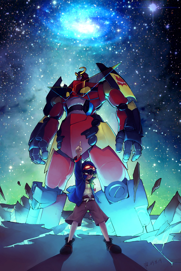 00s 1boy aged_down blue_hair goggles goggles_on_head gurren-lagann kamina_pose male_focus mecha namiko_(zxbvincent) night outdoors pointing pointing_up robot sarashi simon_(ttgl) sky solo star_(symbol) tengen_toppa_gurren_lagann