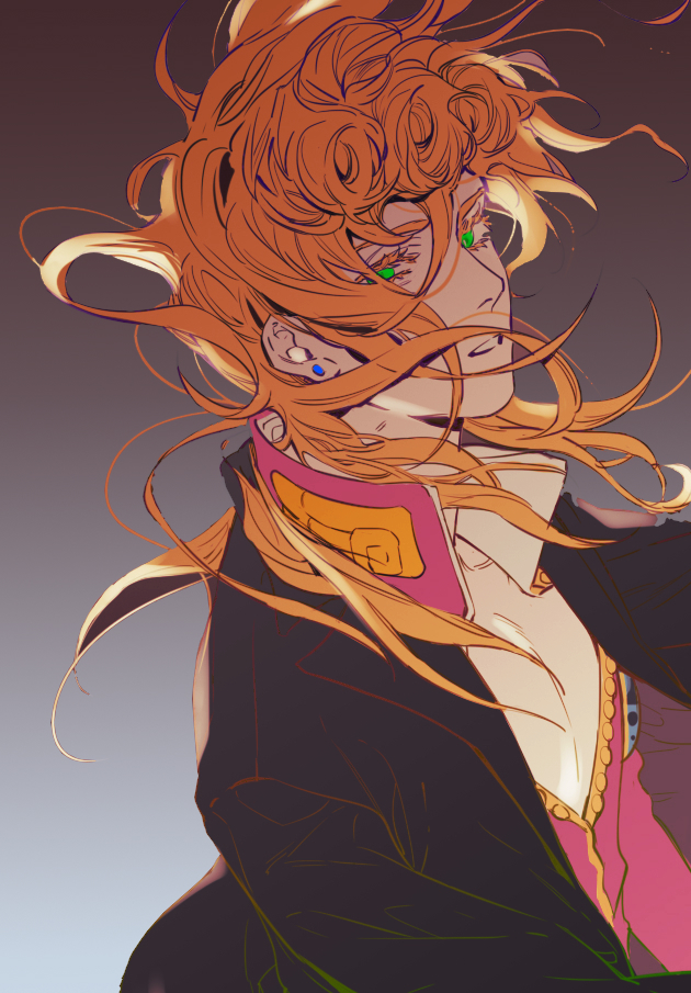1boy bishounen black_coat blonde_hair cleavage_cutout clothing_cutout coat colored_eyelashes earrings floating_hair giorno_giovanna gradient_background green_eyes grey_background hair_between_eyes jacket jewelry jojo_no_kimyou_na_bouken lighthouse_(lt_yummy) looking_at_viewer male_focus parted_lips pink_jacket simple_background solo stud_earrings vento_aureo victory_rolls
