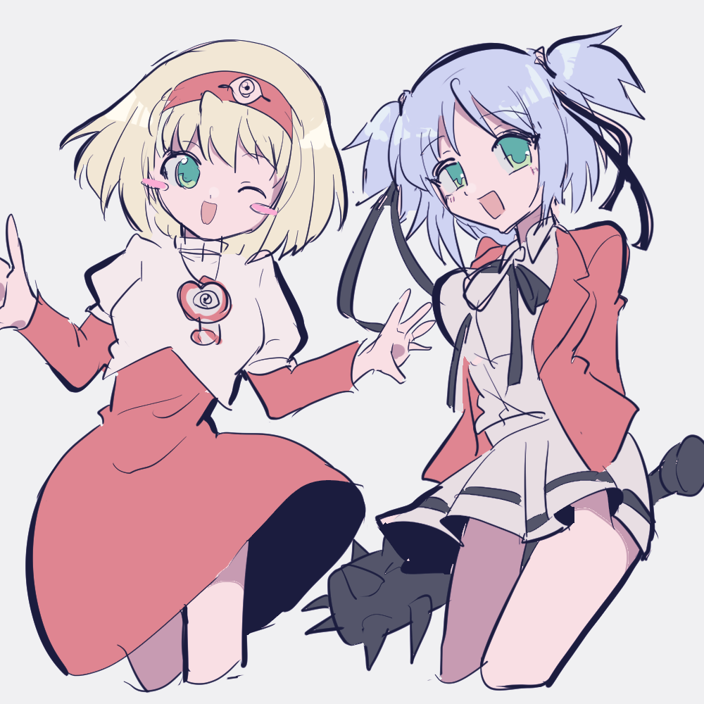 2girls ;d blonde_hair blue_hair bokusatsu_tenshi_dokuro-chan club club_(weapon) crossover dai_mahou_touge excalibolg green_eyes hair_ribbon jacket mitsukai_dokuro multiple_girls nooa_(souzikisuki) one_eye_closed open_mouth red_jacket ribbon school_uniform shirt short_hair skirt smile spiked_club tanaka_punie two_side_up weapon white_shirt
