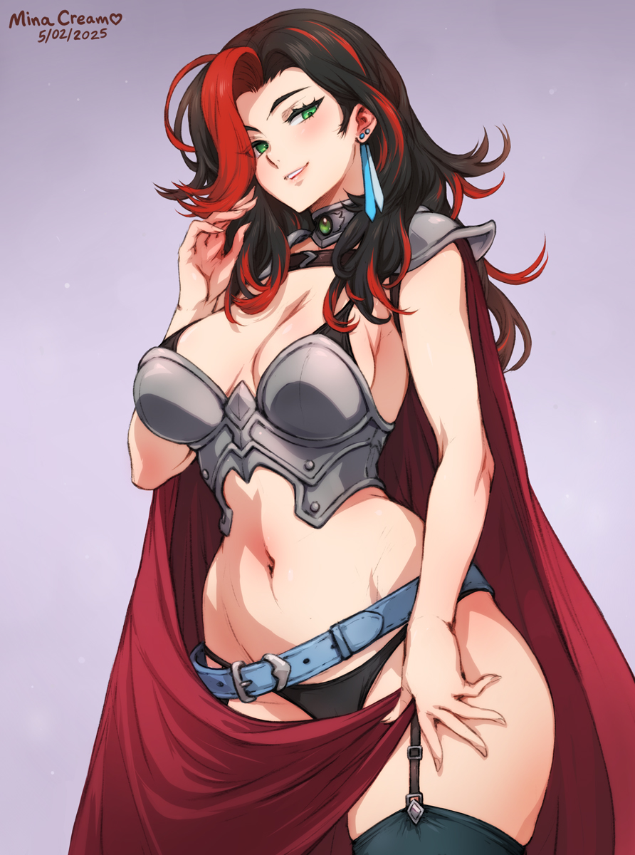 1girl armor artist_name belt belt_buckle bikini_armor black_hair black_panties black_thighhighs breastplate breasts buckle cape commentary dark_deity dark_deity_2 dated english_commentary fingernails garter_straps green_eyes grey_background gwyn_(dark_deity) highres large_breasts medium_hair mina_cream multicolored_hair navel paid_reward_available panties red_cape red_hair shoulder_armor simple_background solo stomach thighhighs thighs two-tone_hair underwear