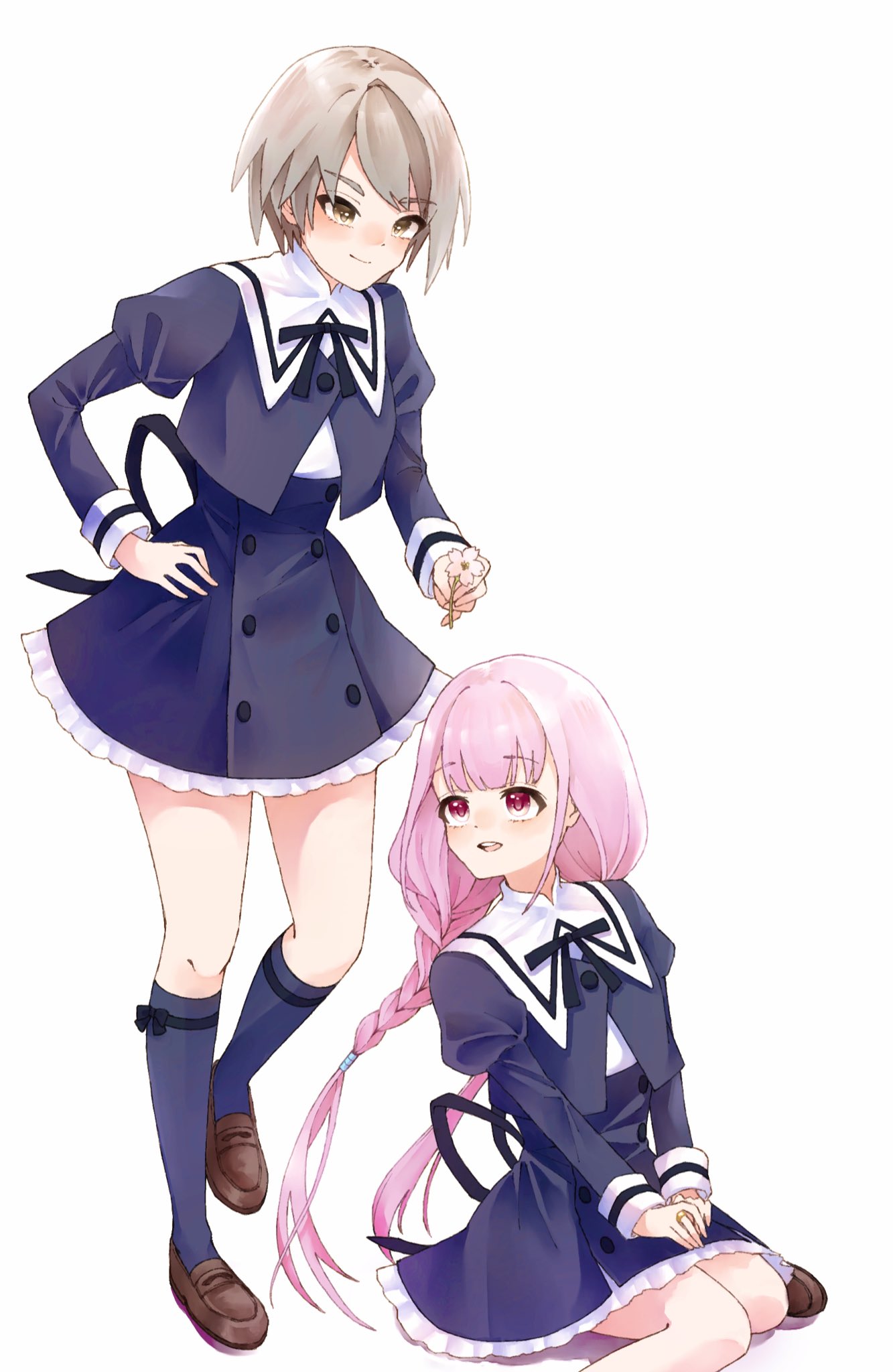 2girls amahara_nue assault_lily black_bow black_ribbon black_socks blunt_bangs bow braid brown_footwear buttons closed_mouth commentary_request cropped_jacket flower frilled_skirt frills grey_hair hand_in_own_hair hands_on_lap heel_up high-waist_skirt highres hitotsuyanagi_yuri holding holding_flower jewelry juliet_sleeves kawazoe_misuzu kneehighs loafers long_hair long_sleeves looking_at_another looking_back looking_down looking_up low_twin_braids low_twintails miniskirt multiple_girls neck_ribbon own_hands_together parted_lips pink_eyes puffy_sleeves purple_hair ribbon ring school_uniform shirt shoes short_hair simple_background sitting skirt smile socks standing swept_bangs teeth twin_braids twintails upper_teeth_only very_long_hair wariza white_background white_flower white_shirt yellow_eyes yurigaoka_girls_academy_school_uniform