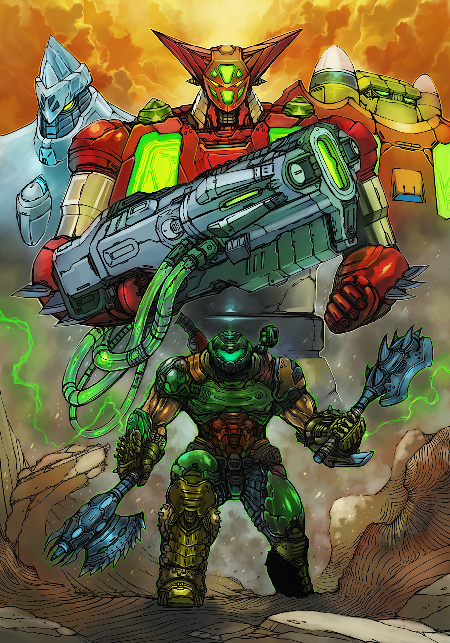 armor asymmetrical_dual_wielding axe bfg_9000 crossover doom_(2016) doom_(series) doomguy dual_wielding getter-1 getter-2 getter-3 getter_robo glowing glowing_eyes green_armor highres holding holding_weapon huge_weapon mecha multiple_weapons oekaki power_armor red_armor robot super_robot weapon yamanushi