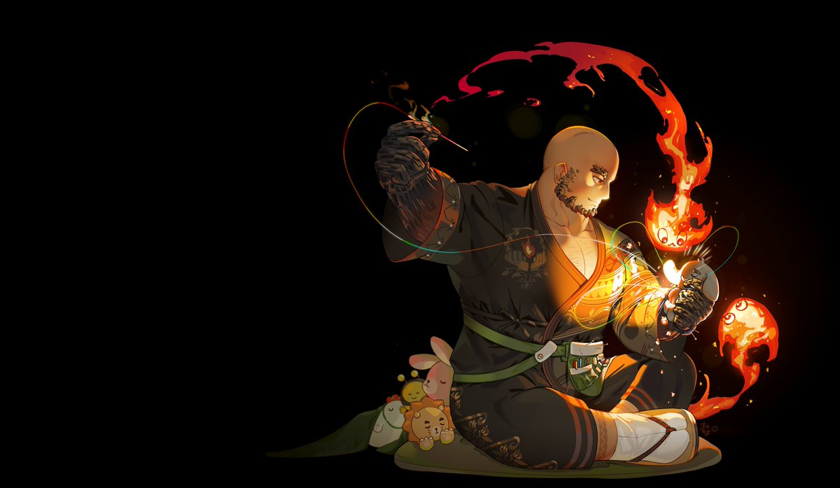 black_background facial_hair fire glowing japanese_clothes kiekoio kimono prometheus_(housamo) radiant rainbow sewing sitting sleeping stuffed_animal stuffed_toy tokyo_houkago_summoners yukata