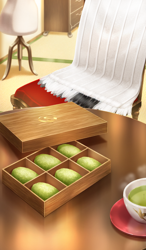 box chair commentary cup drink fate/grand_order fate_(series) food food_focus green_tea in_box in_container indoors lid no_humans official_art open_box saucer shawl steam still_life sweets table tatami tea third-party_source unworn_clothes white_shawl xxxxay