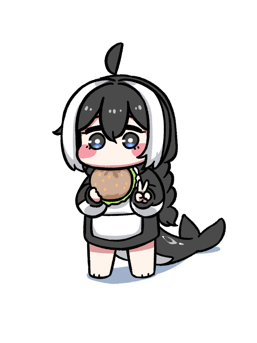 1girl aged_down ahoge alcyone_(last_origin) animal_hood barefoot black_hair blue_eyes blush_stickers burger cetacean_tail chibi eating fins fish_tail food holding holding_burger holding_food hood last_origin looking_at_viewer mogijabgo solo solo_focus tail v white_background white_hair