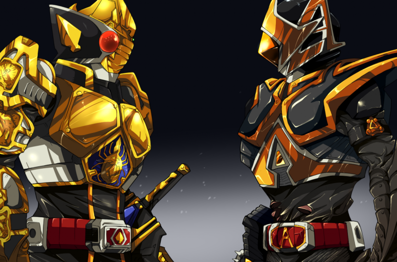 2boys armor bad_id bad_pixiv_id belt bodysuit buckle cowboy_shot denji_(mugitomato) gold_armor holding holding_sword holding_weapon kamen_rider kamen_rider_blade kamen_rider_blade_(series) kamen_rider_glaive multiple_boys sheath sheathed standing sword weapon