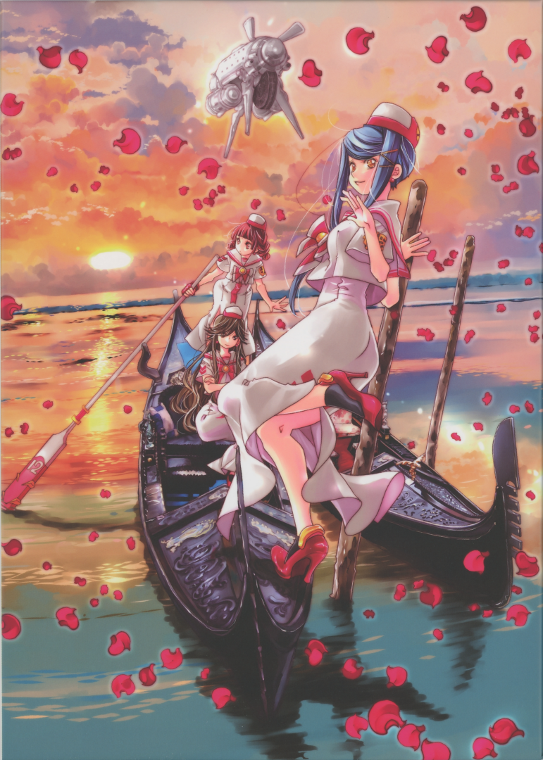 3girls aika_granzchesta akira_ferrari amano_kozue aria_(manga) azusa_mclaren blue_hair blunt_bangs bow bowtie brown_eyes brown_hair cloud cloudy_sky crossed_arms dress earrings falling_petals gondola gradient_sky hair_ornament high_heels himeya_company_uniform holding holding_oar jewelry long_hair looking_at_viewer multiple_girls non-web_source oar ocean official_art orange_sky outdoors parted_bangs petals print_dress red_bow red_bowtie red_footwear red_headwear reflection reflective_water sailor_collar scan short_hair_with_long_locks short_sleeves sitting sky spacecraft standing standing_on_one_leg sunset swept_bangs twintails two-tone_headwear undine_(aria) white_dress white_headwear x_hair_ornament