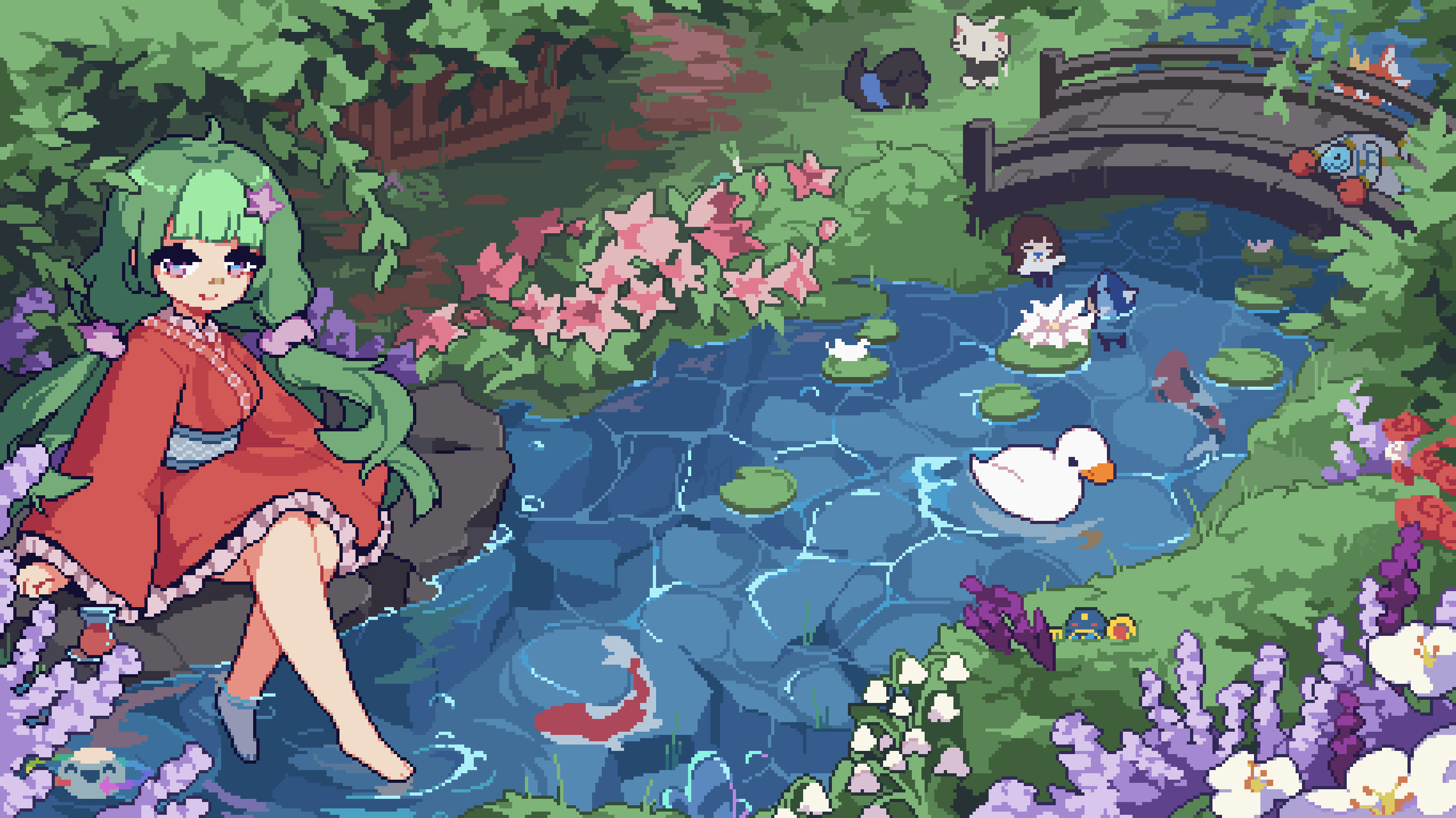 2girls air_man animal arch_bridge barefoot bird blunt_bangs bridge bush cat character_request chibi closed_mouth commentary dog english_commentary flower freedom_dive gen_1_pokemon green_hair hair_ornament hair_scrunchie highres japanese_clothes kimono koi long_hair low_twintails magikarp mega_man_(classic) mega_man_(series) mocapixel mocha_(osu!) multiple_girls nintendo osu! outdoors pixel_art pokemon pokemon_(creature) purple_eyes purple_scrunchie red_kimono scenery scrunchie smile star_(symbol) star_hair_ornament swan taikonator_(osu!) twintails white_flower whitecat_(osu!_player) wooden_bridge