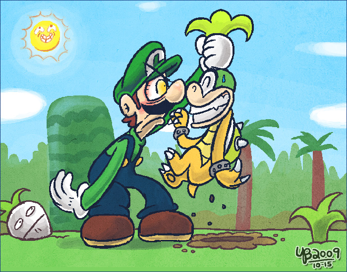 2boys angry angry_sun blue_sky claws facial_hair food frown full_body gloves grabbing_another&#039;s_hair hat hill iggy_koopa luigi mario_(series) multiple_boys mustache nervous_smile nintendo overalls sky smile spikes super_mario_bros._2 super_mario_bros._3 sweat thebourgyman tree vegetable