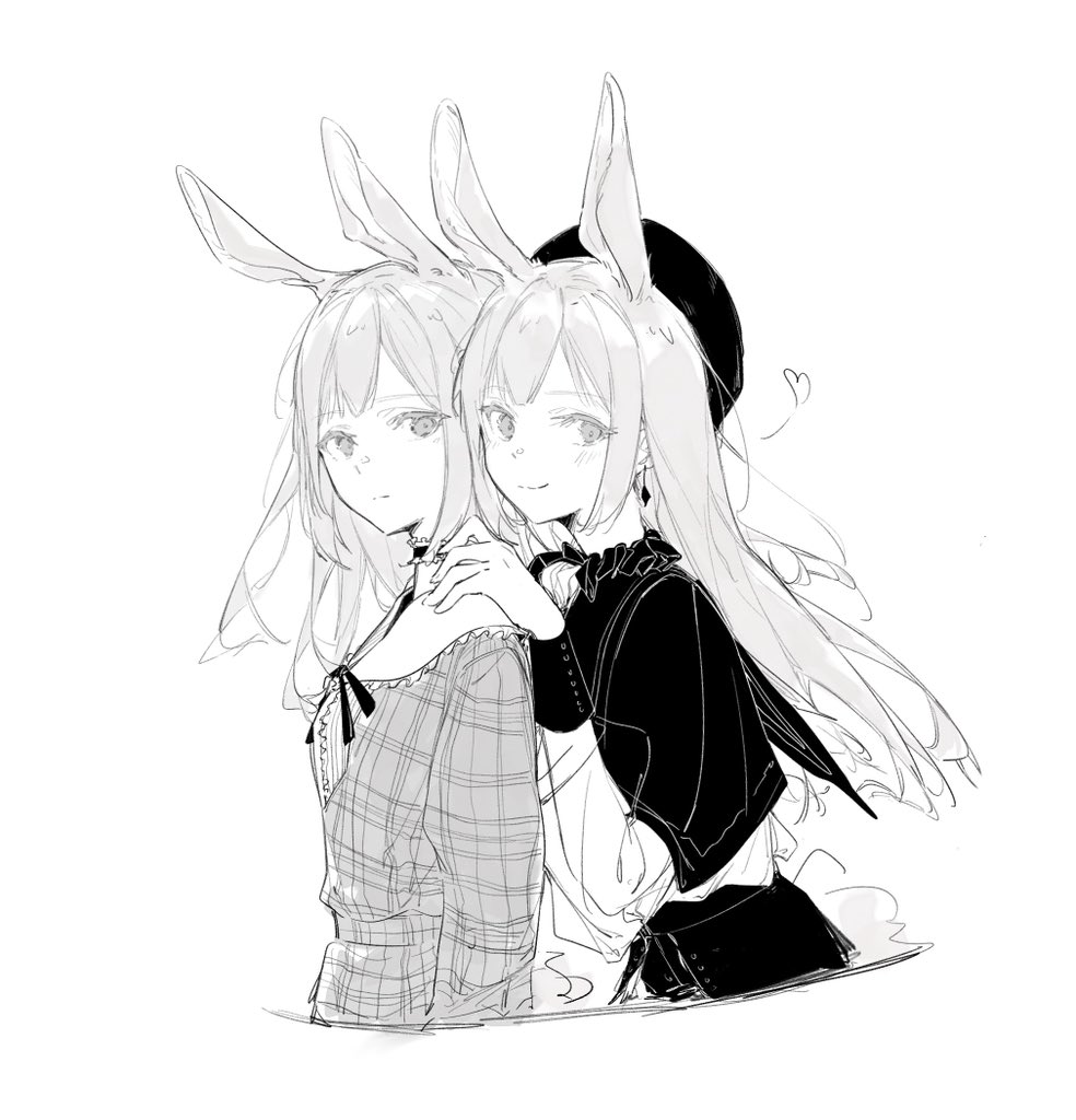 2girls bang_dream! bang_dream!_it&#039;s_mygo!!!!! beret capelet choker commentary dkl_(dinosaurkl2) dual_persona frilled_choker frills grey_hair greyscale hat heart long_hair monochrome mortis_(bang_dream!) mortis_(costume)_(bang_dream!) mortis_(persona)_(bang_dream!) multiple_girls sidelocks symbol-only_commentary wakaba_mutsumi