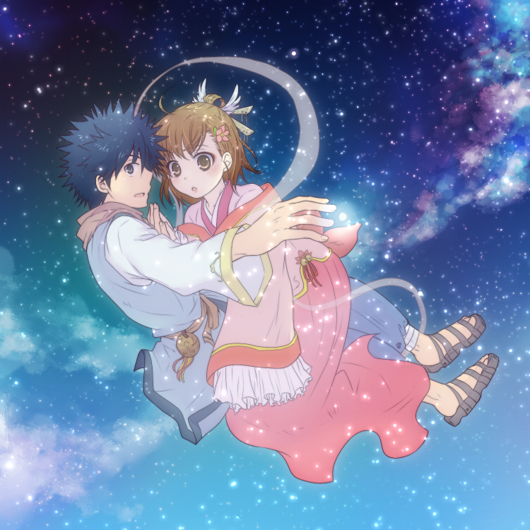 black_eyes black_hair brown_eyes brown_hair cosplay flower hair_flower hair_ornament hikoboshi hikoboshi_(cosplay) japanese_clothes kamijou_touma kimono mayu_(airmods) misaka_mikoto night night_sky orihime_(cosplay) orihime_(tanabata) sandals short_hair sky tanabata toaru_majutsu_no_index