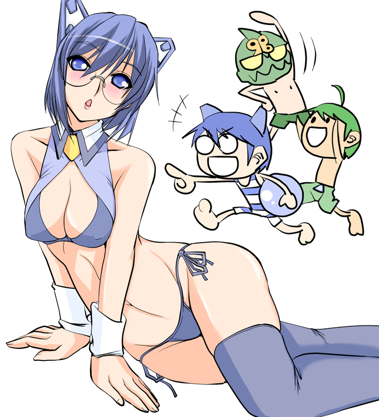 1girl 2k-kun 2k-tan 3boys 98-kun :d bad_id bad_pixiv_id bikini blue_eyes blue_hair blush breasts cleavage covered_erect_nipples glasses me-kun midriff multiple_boys o_o open_mouth os-tan ruriwo_(ruriwo1894) short_hair side-tie_bikini_bottom smile swimsuit thighhighs
