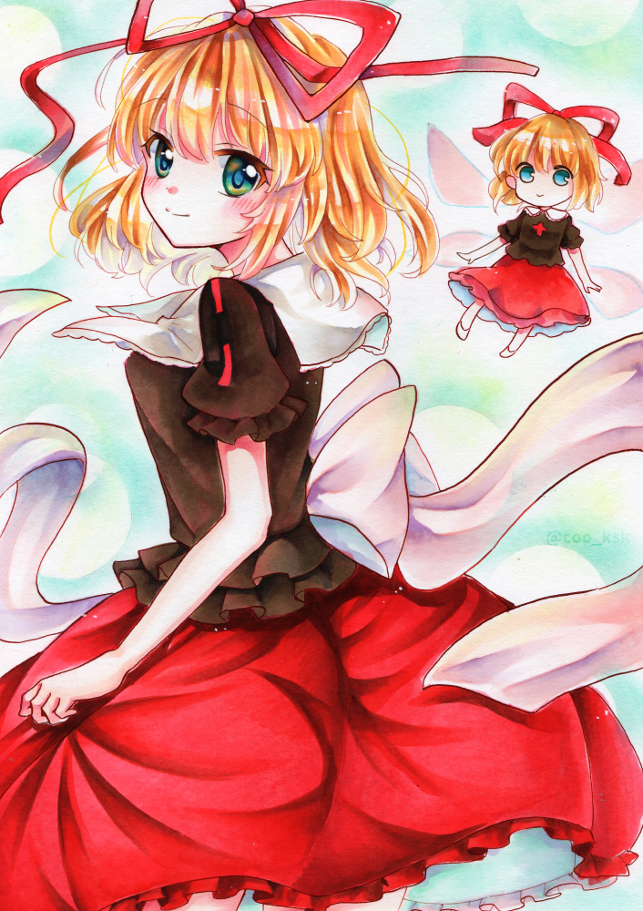 2girls blonde_hair blue_eyes blush breasts frills green_eyes hair_ribbon kimidori_kisuke looking_at_viewer marker_(medium) medicine_melancholy medium_hair multicolored_eyes multiple_girls puffy_short_sleeves puffy_sleeves red_ribbon red_skirt ribbon short_sleeves skirt small_breasts smile su-san touhou traditional_media white_ribbon