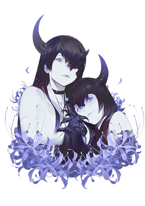 2girls abyssal_ship akira_(kadokawa) black_hair black_horns blue_flower blue_spider_lily claws colored_skin flower hair_over_one_eye holding_hands horns kantai_collection lips long_hair multiple_girls night_strait_princess_(black) night_strait_princess_(white) official_art pale_skin purple_eyes spider_lily upper_body white_background white_skin