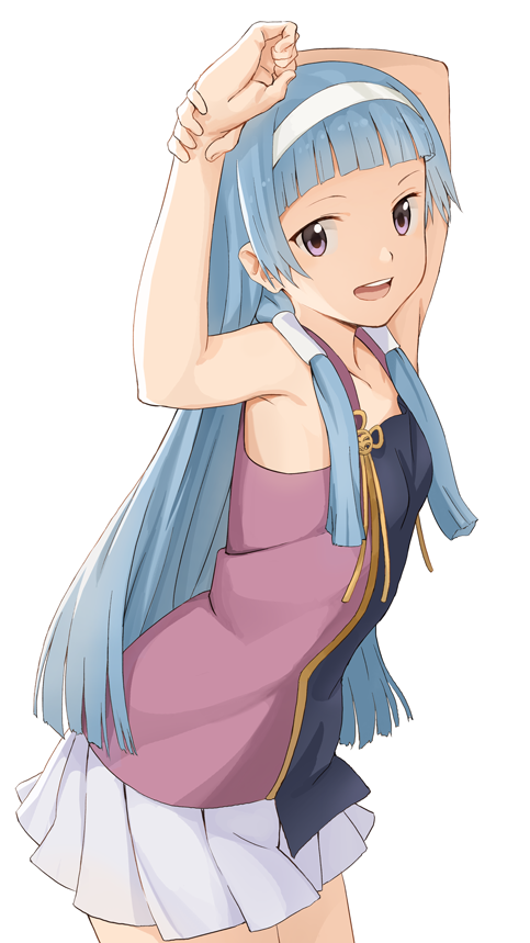1girl arms_up bad_id bad_pixiv_id bare_shoulders blouse blue_hair blunt_bangs commentary_request cowboy_shot female_focus flat_chest from_side hair_tubes hairband kannagi long_hair looking_at_viewer nagi ochiaki open_mouth pleated_skirt purple_eyes shirt simple_background skirt sleeveless sleeveless_shirt solo standing teeth upper_teeth_only white_background white_hairband white_skirt