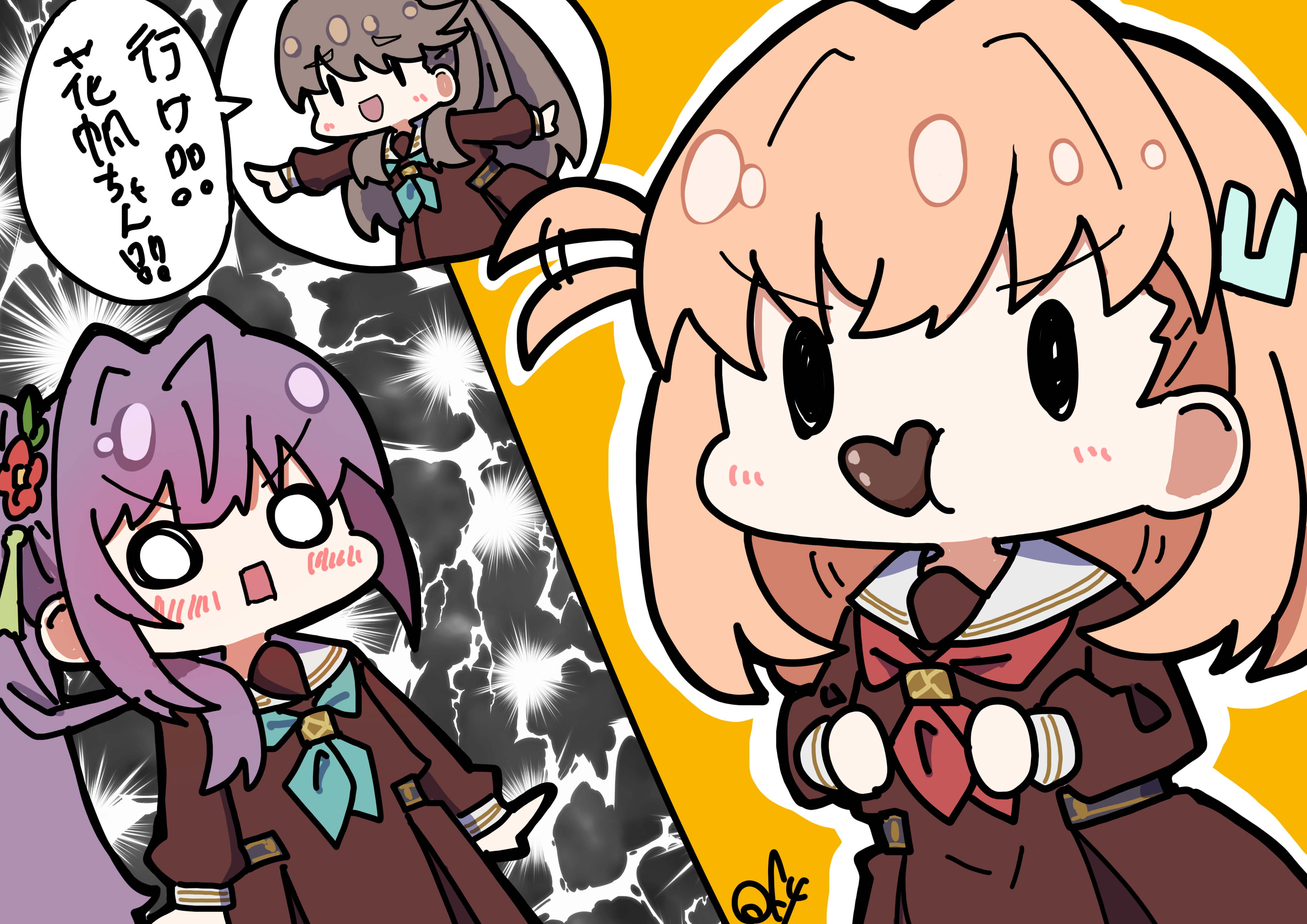 3girls absurdres blush brown_dress brown_hair candy cerise_bouquet chocolate chocolate_heart clenched_hands deformed dress flower food food_in_mouth fujishima_megumi green_neckerchief hair_flower hair_ornament hairclip hasu_no_sora_school_uniform heart highres hinoshita_kaho lightning_background link!_like!_love_live! long_hair long_sleeves looking_at_viewer love_live! medium_hair multiple_girls neckerchief o_o oofushi_ao open_mouth orange_hair otomune_kozue pointing purple_hair rabbit_hair_ornament red_neckerchief sailor_dress school_uniform side_ahoge side_ponytail signature smile speech_bubble translated winter_uniform