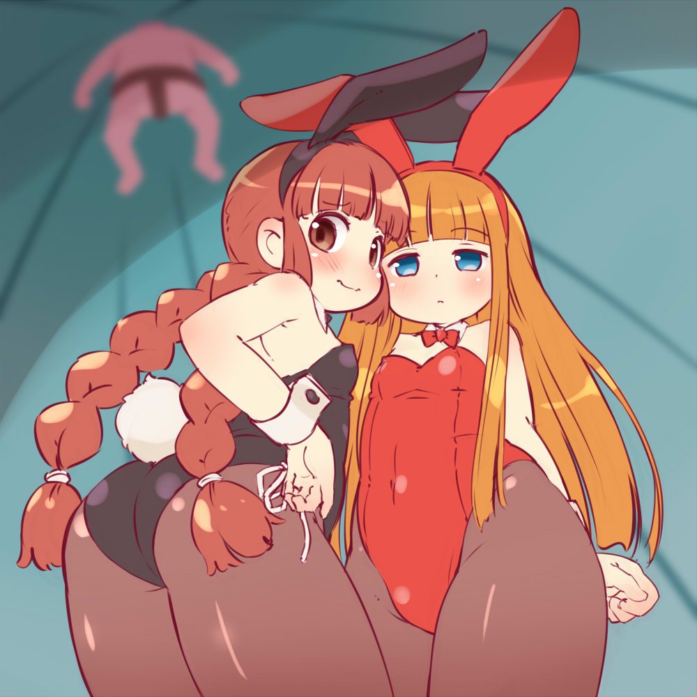 1boy 2girls alternate_costume animal_ears ass blue_eyes blurry blurry_background blush braid breasts brown_eyes commentary detached_collar expressionless fake_animal_ears fundoshi gipple hondarai japanese_clothes jitome juju_coo_shnamur kukuri_(mahoujin_guruguru) leotard long_hair looking_at_viewer mahoujin_guruguru multiple_girls orange_hair pantyhose playboy_bunny rabbit_ears red_hair small_breasts twin_braids wrist_cuffs