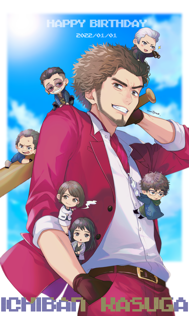 2girls 5boys adachi_koichi baseball_bat beard birthday brown_hair chibi chibi_on_head dated facial_hair formal_clothes glasses gloves han_joon-gi happy_birthday highres holding holding_baseball_bat kamataki_eri kasuga_ichiban messy_hair mukoda_saeko multiple_boys multiple_girls mutarou_(mu) nanba_yu on_head red_suit ryuu_ga_gotoku_(series) ryuu_ga_gotoku_7 sleeves_rolled_up smoking suit yakuza zhao_tianyou