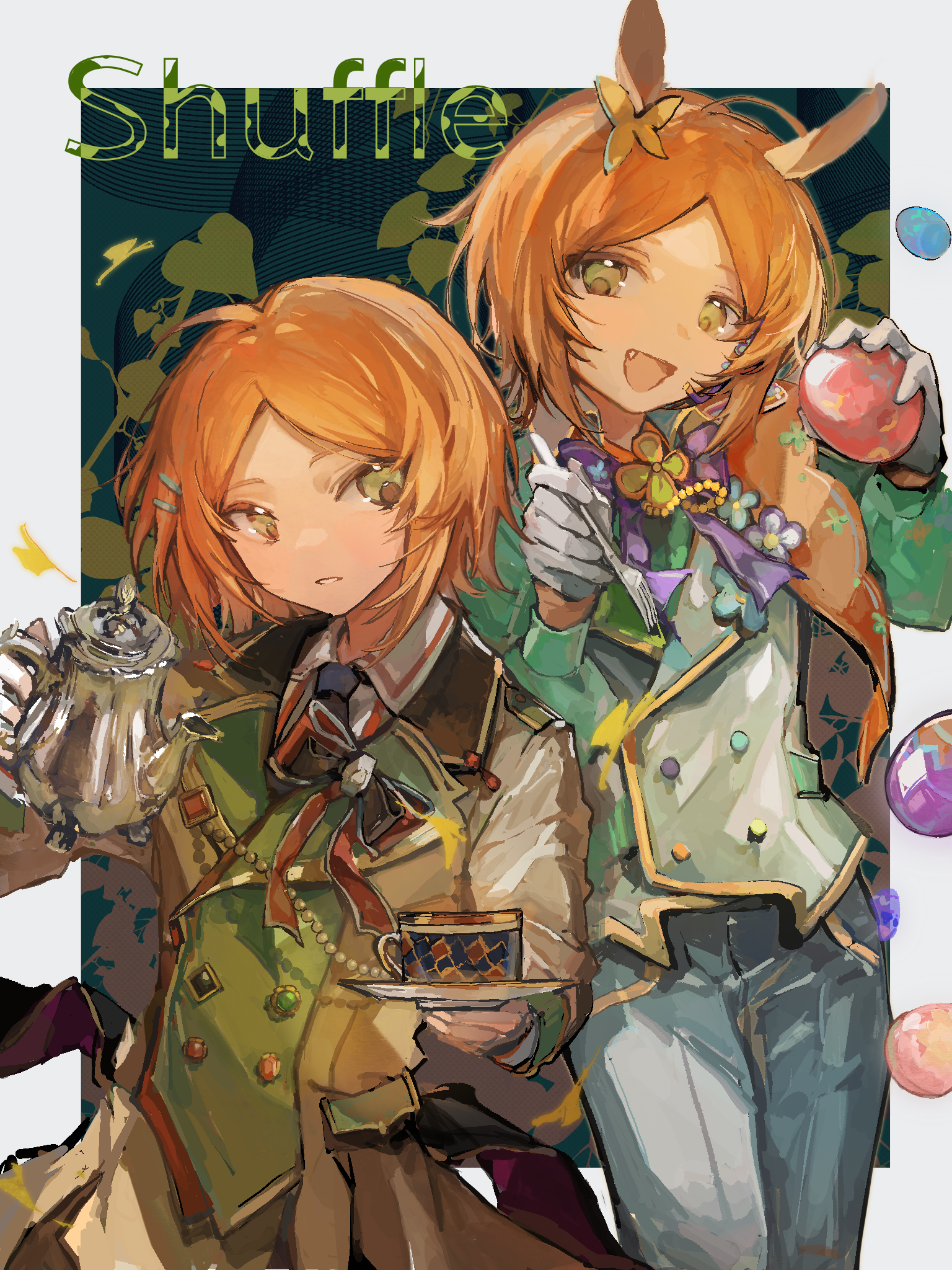 2boys 2wink_(ensemble_stars!) :d animal_ears aoi_hinata aoi_yuta blend+_(ensemble_stars!) border bow bowtie brooch buttons collared_shirt cowboy_shot cup double-breasted easter_egg egg ensemble_stars! fake_animal_ears fang flower fork gloves gold_trim green_eyes green_shirt hair_flower hair_ornament highres holding holding_teapot idol jacket jewelry lapels leaf long_coat long_sleeves looking_at_viewer looking_to_the_side male_focus merumerunu39 multicolored_buttons multiple_boys necktie official_alternate_costume open_mouth orange_hair pants paradigm_reversi!_(ensemble_stars!) parted_bangs parted_lips puffy_long_sleeves puffy_sleeves rabbit_ears shirt short_hair siblings smile teacup teapot twins vest waistcoat white_border white_gloves white_pants white_shirt