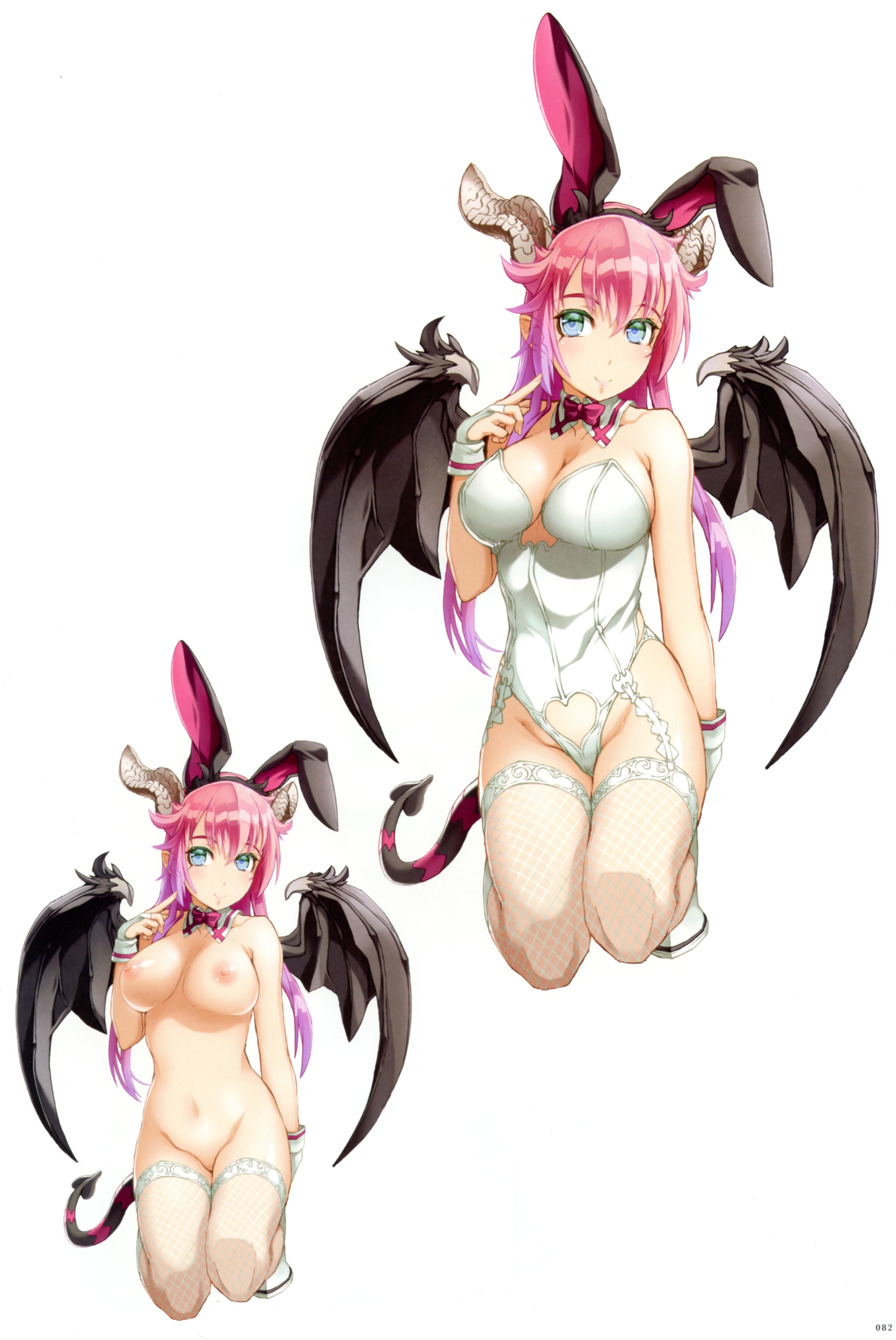 1girl absurdres animal_ears arm_at_side asmodeus_(sin_nanatsu_no_taizai) asmodeus_(the_seven_deadly_sins) black_wings blue_eyes bow bowtie breasts breasts_apart closed_mouth clothing_cutout demon_girl demon_horns demon_tail demon_wings detached_collar fake_animal_ears female_focus fishnet_thighhighs fishnets full_body garter_straps gloves groin hair_between_eyes hand_up heart_cutout highres horns index_finger_raised kneeling large_breasts leotard long_hair looking_at_viewer navel nipples nishii_(damnedrive) nitroplus nude official_art page_number partially_fingerless_gloves pink_bow pink_bowtie pink_hair playboy_bunny pointing pointing_at_self pointy_ears rabbit_ears scan shoes simple_background sin_nanatsu_no_taizai smile solo stomach tail the_seven_deadly_sins thighhighs white_background white_gloves white_shoes white_thighhighs wings