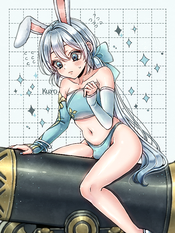 1boy androgynous animal_ears aqua_bow asymmetrical_sleeves bandeau blue_background blue_bandeau blue_eyes blue_nails bow bracelet bulge cannon collarbone commentary_request crossdressing crossdressing_(mtf) dragon_quest dragon_quest_x feet_out_of_frame flying_sweatdrops frown grid_background hair_bow hero_(dq10) jewelry kuro11_222 looking_down low_ponytail male_focus midriff mismatched_sleeves navel pectoral_cleavage pectorals ponytail rabbit_boy rabbit_ears sitting skindentation solo sparkle sweatdrop thong trap white_hair