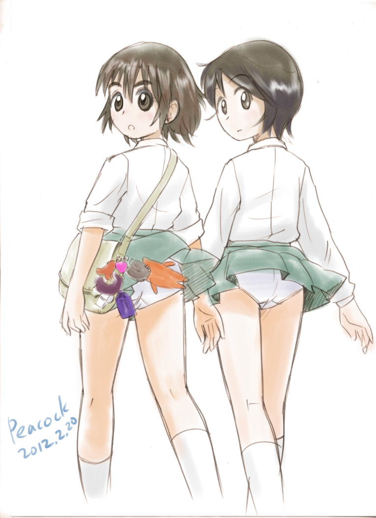 2girls :o ayase_fuuka bag black_hair clothes_lift dated hiwatari looking_at_viewer looking_back mihama_chiyo&#039;s_father multiple_girls open_mouth panties pantyshot peacock_(p-location) school_uniform shimau short_hair simple_background skirt skirt_lift socks standing thick_eyebrows underwear white_background white_legwear white_panties yotsubato!