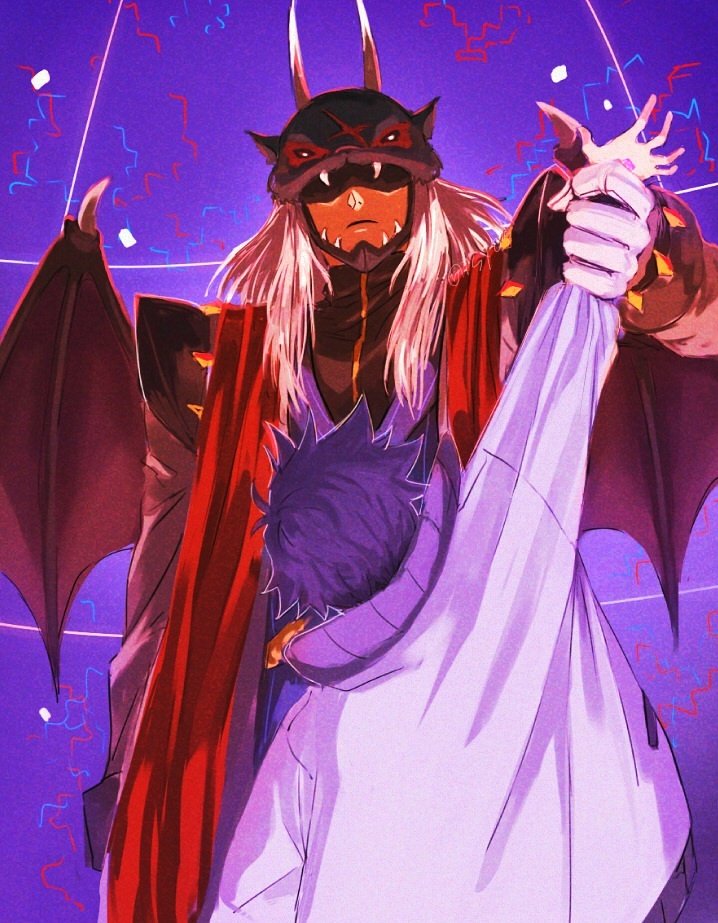 2boys astamon demon digimon digimon_(creature) digimon_beatbreak holding_another&#039;s_arm long_hair looking_at_another multiple_boys restrained serious size_difference st14_kr010 standing tenma_tomoro