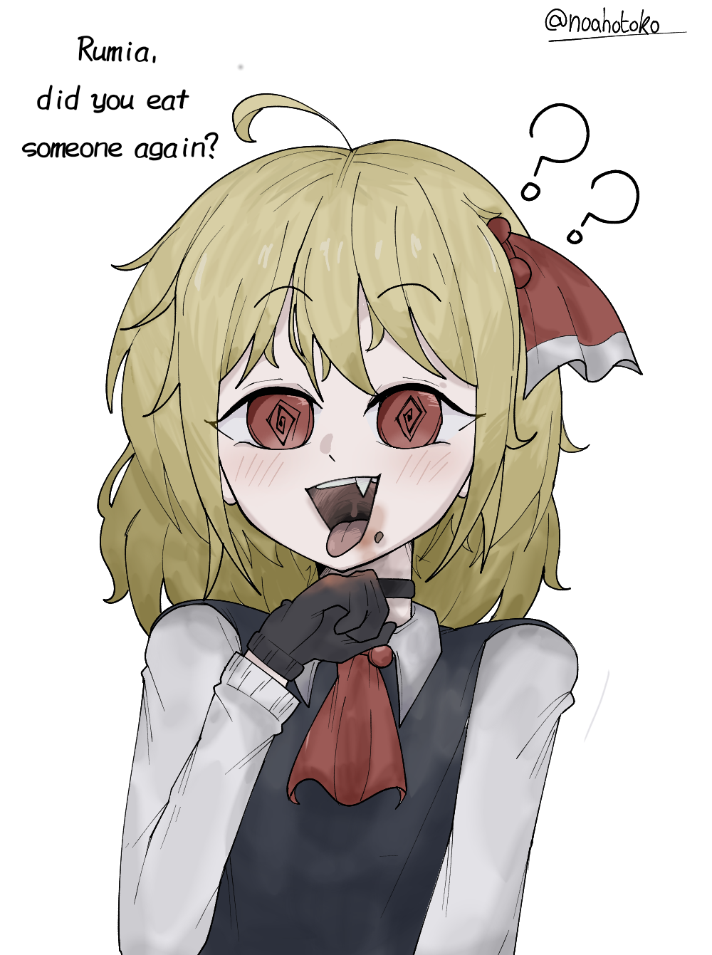? @_@ black_choker black_gloves blood choker fang flesh gloves hair_ornament highres implied_murder necktie non-web_source original rumia