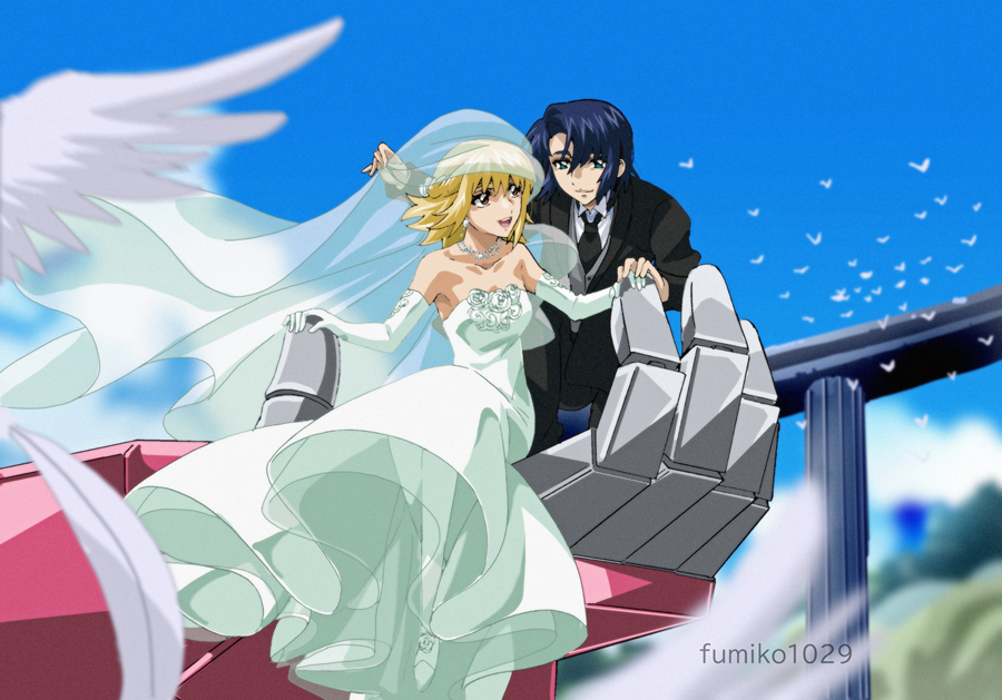 1boy 1girl artist_name athrun_zala bird black_necktie black_suit blonde_hair blue_hair blue_sky bridal_veil bride cagalli_yula_athha couple dove dress elbow_gloves formal_clothes fumiko_(mesushi) gloves green_eyes groom gundam gundam_seed gundam_seed_freedom hand_on_another&#039;s_hand looking_at_another mecha necktie off_shoulder robot sitting_on_mecha sky smile suit veil wedding_dress white_gloves yellow_eyes