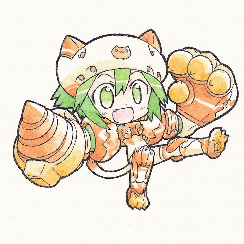 10s 1girl busou_shinki chibi drill fang female_focus green_eyes green_hair hat mabu_(dorisuto) maochao matching_hair/eyes solo tail