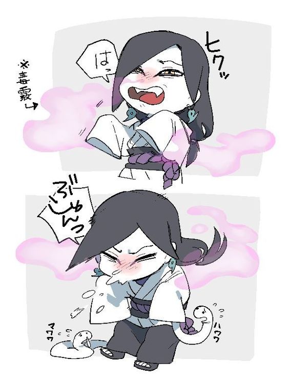 black_hair blush boruto:_naruto_next_generations chibi cloud eyeliner fangs hair_over_one_eye hair_tied_back japanese_clothes japanese_text kimono kutuyatti makeup naruto_(series) nose_blush orochimaru_(naruto) poison purple_smoke red_faced rope_belt snake sneezing translation_request worried