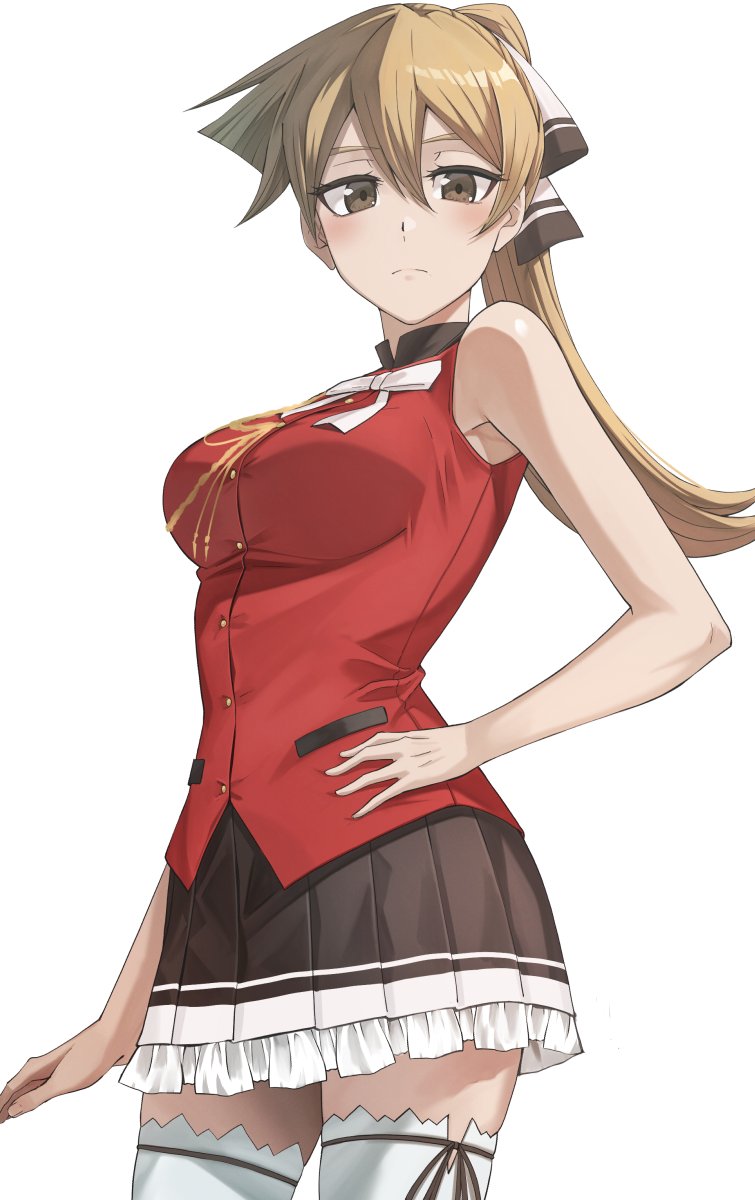 1girl aiguillette amagi_brilliant_park armpit_crease bare_arms bare_shoulders black_skirt blush breasts brown_eyes closed_mouth cosplay cowboy_shot frilled_skirt frills hair_between_eyes hair_ribbon hand_on_own_hip high_ponytail highres large_breasts light_brown_hair long_hair looking_at_viewer pleated_skirt ponytail red_shirt ribbon rourou_ill sento_isuzu sento_isuzu_(cosplay) shirt skirt sleeveless sleeveless_shirt solo tenjouin_asuka thighhighs white_background white_thighhighs yu-gi-oh! yu-gi-oh!_gx zettai_ryouiki