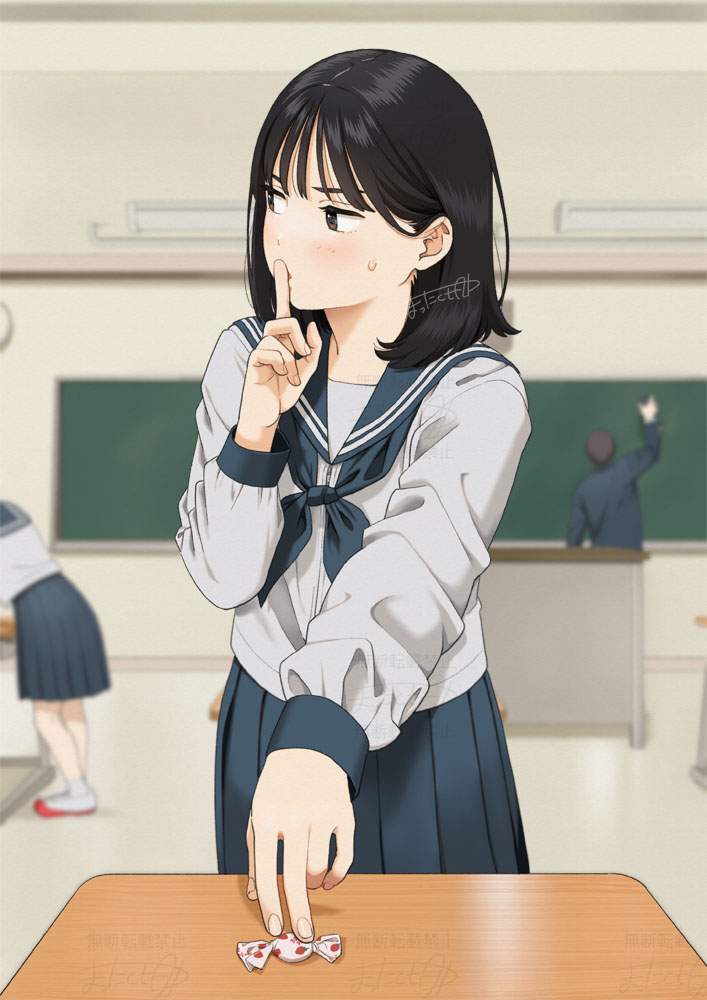 1boy 2girls black_hair blue_neckerchief blue_sailor_collar blue_skirt brown_eyes candy classroom commentary desk finger_to_mouth food giving looking_to_the_side mattaku_mousuke medium_hair multiple_girls neckerchief original pleated_skirt pov sailor_collar school_desk school_uniform serafuku shirt shushing skirt small_sweatdrop solo_focus white_shirt wrapped_candy
