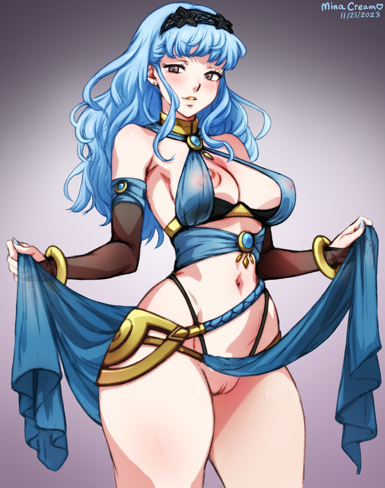 1girl alternate_costume bare_shoulders blue_hair blush bracelet braid breasts bridal_gauntlets cleavage commentary cosplay crown_braid dancer dorothea_arnault dorothea_arnault_(cosplay) dorothea_arnault_(plegian) dorothea_arnault_(plegian)_(cosplay) english_commentary fire_emblem fire_emblem:_three_houses fire_emblem_heroes fire_emblem_warriors:_three_hopes gloves hair_ornament jewelry large_breasts looking_at_viewer marianne_von_edmund mina_cream navel nintendo nipples official_alternate_hairstyle parted_bangs pelvic_curtain pussy short_hair simple_background smile solo thick_thighs thighs uncensored variant_set very_short_hair wide_hips