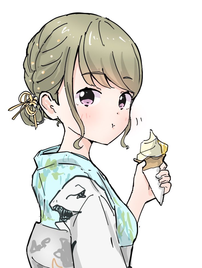 1girl :t blue_kimono blush breasts brown_hair closed_mouth commentary dinosaur_print eating floral_print floral_print_kimono food hair_ribbon hasu_no_sora_karuta_(love_live!) holding holding_food holding_ice_cream holding_ice_cream_cone ice_cream ice_cream_cone japanese_clothes kachimachi_kosuzu kimono link!_like!_love_live! looking_at_viewer looking_back love_live! pink_eyes print_kimono ribbon short_hair sidelocks simple_background small_breasts soft_serve solo swept_bangs symbol-only_commentary tazaki_masanobu upper_body virtual_youtuber white_background yellow_ribbon
