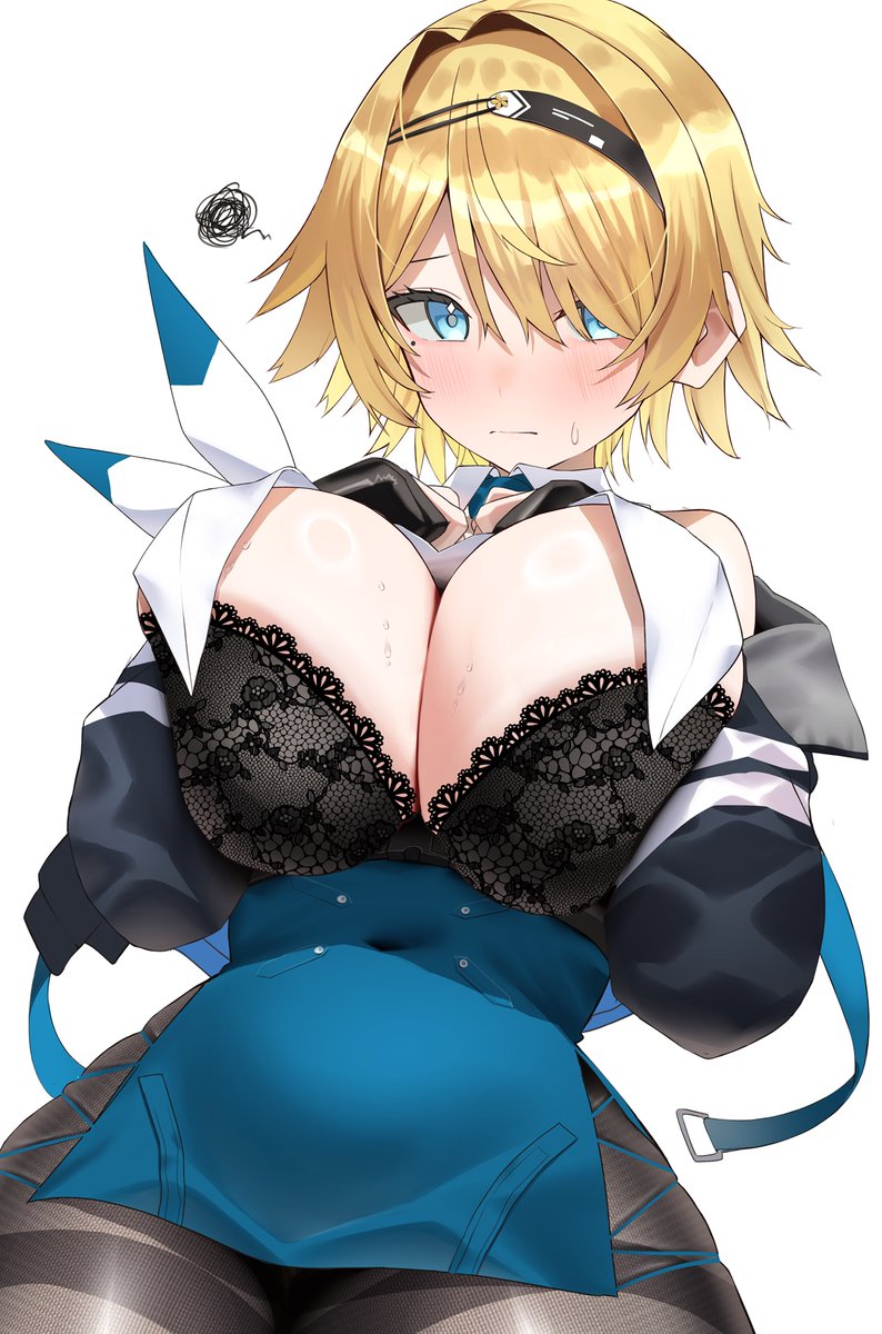 1girl black_bra black_gloves black_pantyhose blonde_hair blue_eyes blush bra breasts cleavage closed_mouth covered_navel fingerless_gloves girls&#039;_frontline girls&#039;_frontline_2:_exilium gloves hair_intakes highres large_breasts long_sleeves looking_at_viewer mole mole_under_eye nidaime_(doronbo) nikketa_(girls&#039;_frontline_2) pantyhose scribble shirt short_hair simple_background solo sweat sweatdrop underwear vsk-94_(girls&#039;_frontline) white_background white_shirt