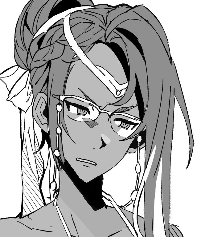 1girl dark-skinned_female dark_skin fire_emblem fire_emblem_heroes glasses greyscale heimdallr_(fire_emblem) looking_to_the_side monochrome nintendo office_lady solo tsujii_luki
