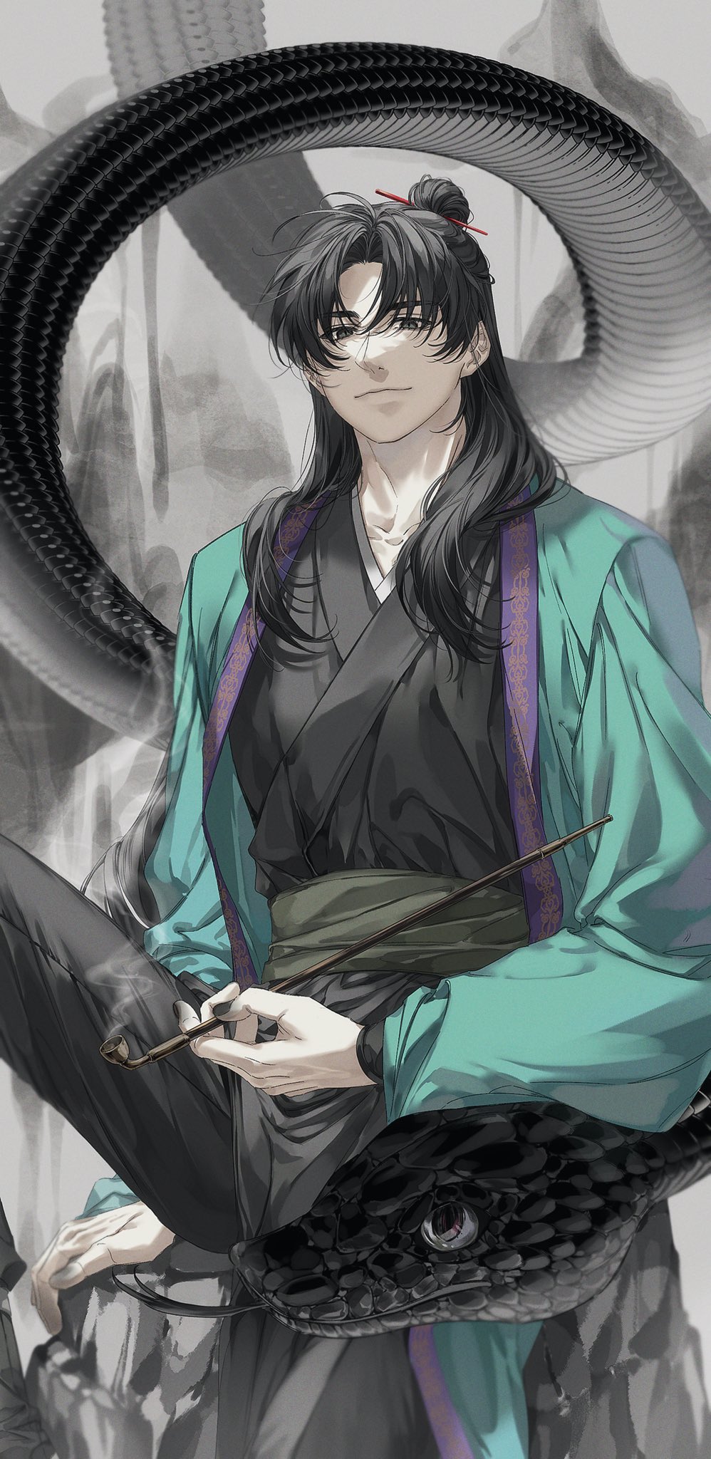 1boy animal black_hair black_hanfu black_nails black_pants chinese_clothes closed_mouth colored_extremities giant_snake green_robe grey_eyes hair_bun hair_ornament hair_stick hanfu highres holding holding_smoking_pipe kiseru korean_commentary long_hair long_sleeves looking_at_viewer male_focus on_rock oversized_animal pants return_of_the_mount_hua_sect robe rock sitting smile smoke smoking_pipe snake solo sonakbe_33 tang_bo_(return_of_the_mount_hua_sect) wide_sleeves