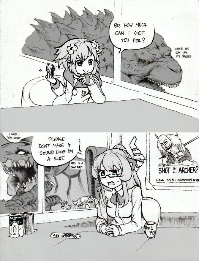 &lt;o&gt;_&lt;o&gt; 10s 4girls alternate_costume alternate_hairstyle aqua_eyes blue_eyes comic cup d-pad d-pad_hair_ornament dark_souls_(series) english_text eva_01 for_dummies fromsoftware godzilla godzilla_(2014) godzilla_(monsterverse) godzilla_(series) greyscale hair_ornament hair_up hood hooded_track_jacket isaki_tanaka jacket kaiju kami_jigen_game_neptune_v kiseijou_rei legendary_pictures long_hair money monochrome monsterverse multiple_girls neon_genesis_evangelion nepgear nepgyaa neptune_(neptunia) neptune_(series) office open_mouth parka ponytail purple_eyes short_hair smile smirk spot_color teacup toho track_jacket