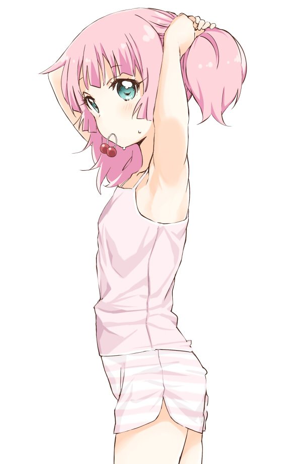 1girl adjusting_hair armpits arms_up blouse blue_eyes cowboy_shot female_focus from_side hair_bobbles hair_ornament hands_in_own_hair pink_hair pink_shirt pink_shorts shikou_sakugo_(qqap9gt9k) shirt short_shorts shorts simple_background solo standing striped_clothes striped_shorts sweatdrop tank_top thighs white_background yoshikawa_chinatsu yuruyuri
